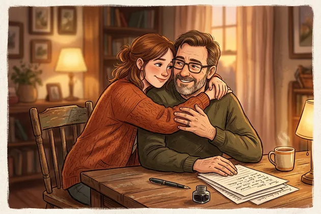 The daughter leans in and hugs her father as he finishes writing